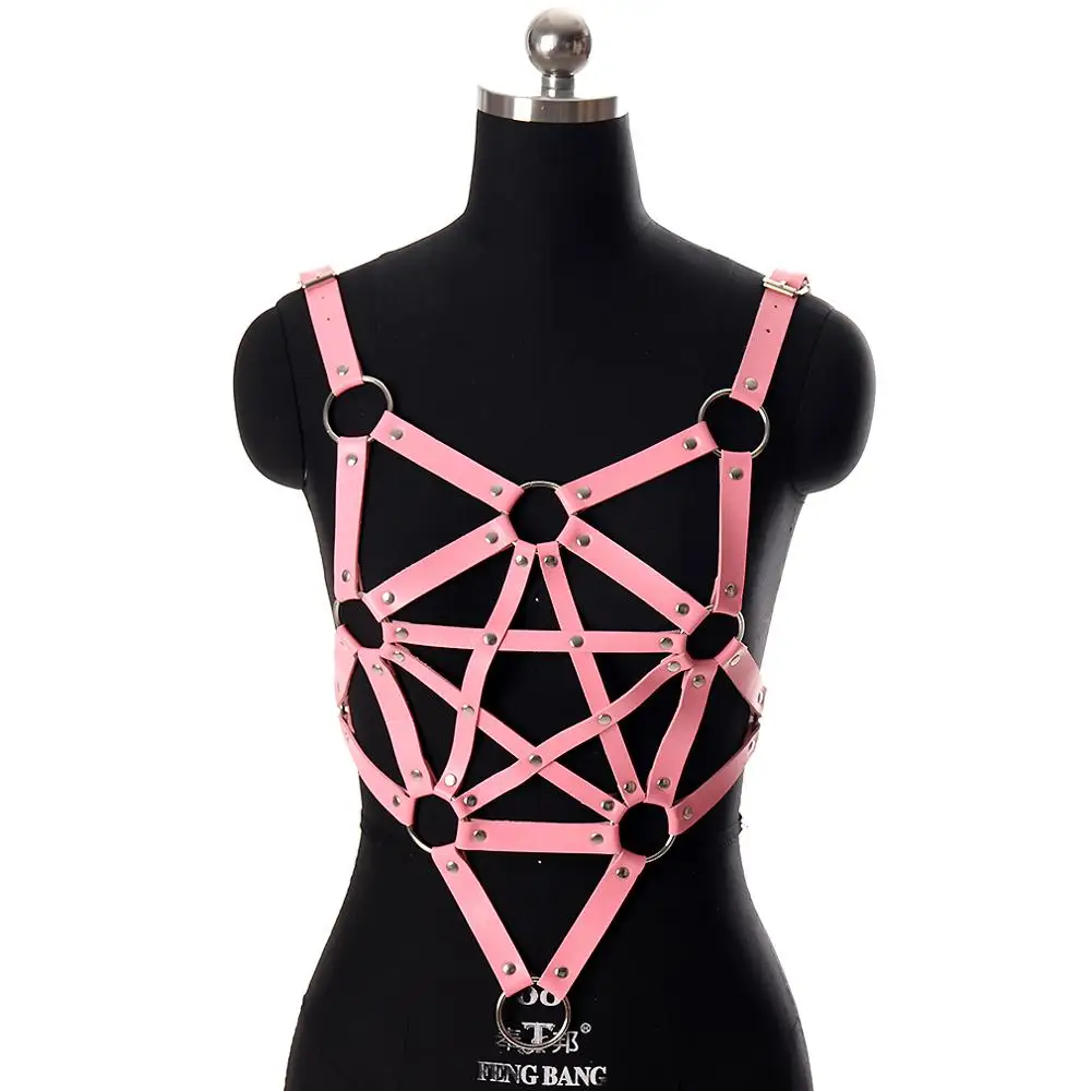 PG0681pink Кожаный бюстгальтер, ремень, пентаграмма, укороченный топ, клетка, нижнее белье, нагрудный ремень, панк, готика, металлические ремни, для танцевальной вечеринки, боди, бандаж, бюстье - Цвет: PG0681pink