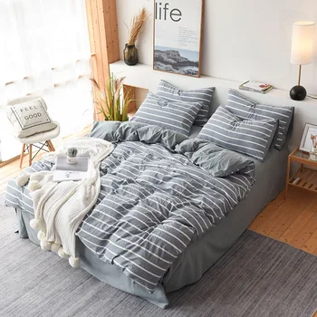 

100% cotton bedding set washed cotton duvet cover set 3 or 4pcs/set home stripe bed linen set bedclothes 2020 spring flat sheet