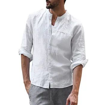 

2020 Fashion New Men's Casual Pure Color Cotton Linen Long Sleeve Shirt Top Casual