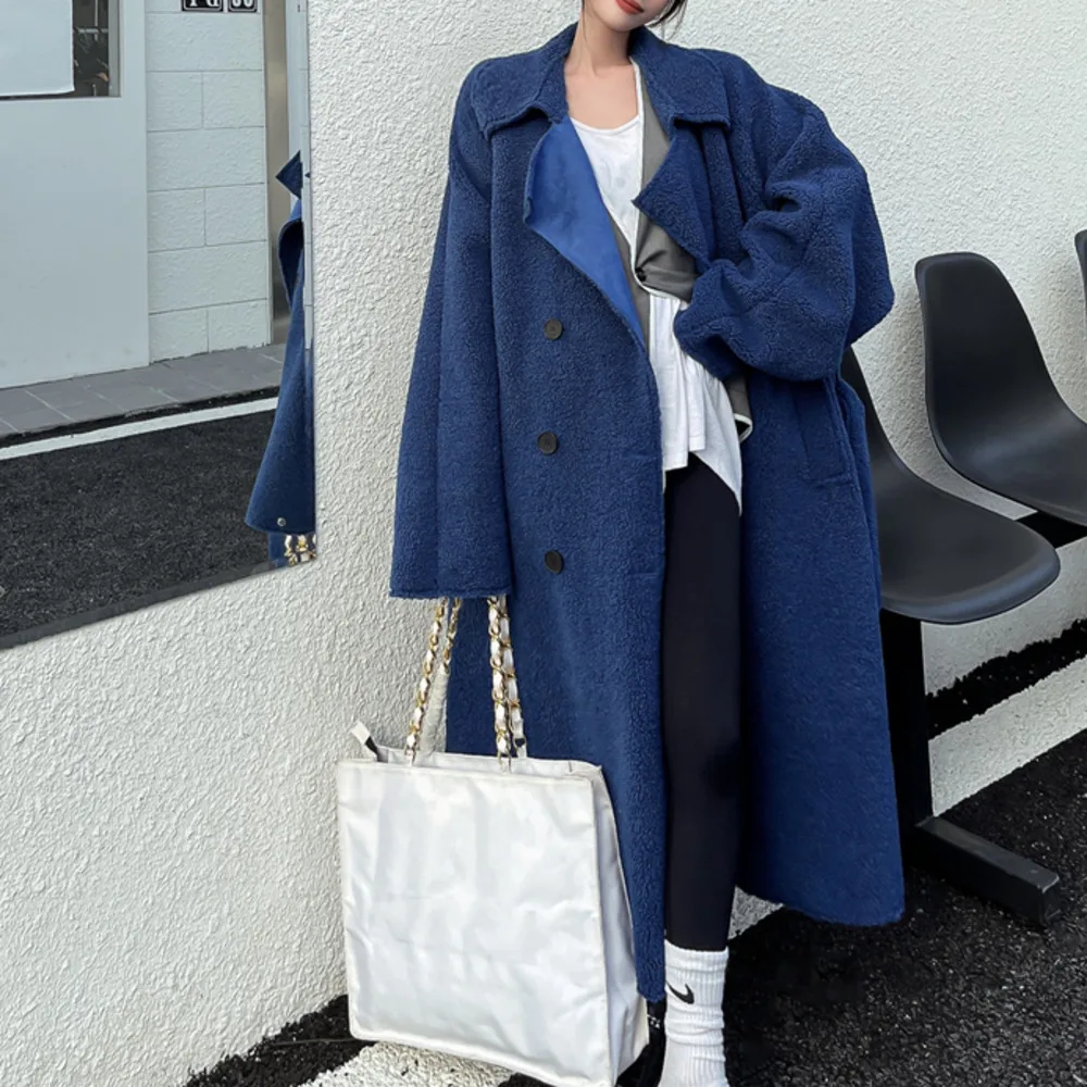Black Fur One-piece Coat Lamb Women's Winter Medium Long Loose Thickened Windbreaker | Женская одежда