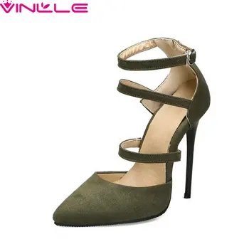 

VINLLE 2020 Sexy Thin High Heel Flock Fashion Women Pumps Spring Summer Pointed Toe Buckle Party Ladies Shoes Big Size 34-43