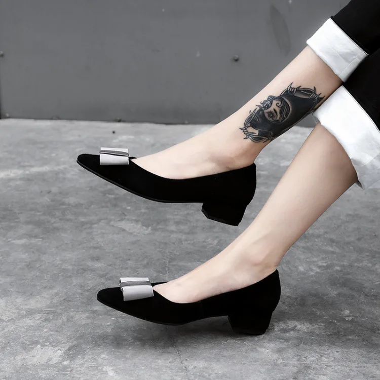

2018 Spring And Autumn New Style Suede Shoes Bow Low-Cut WOMEN'S Shoes Pointed-Toe Genuine Leather Low Chunky Heel Sweet Shoes W