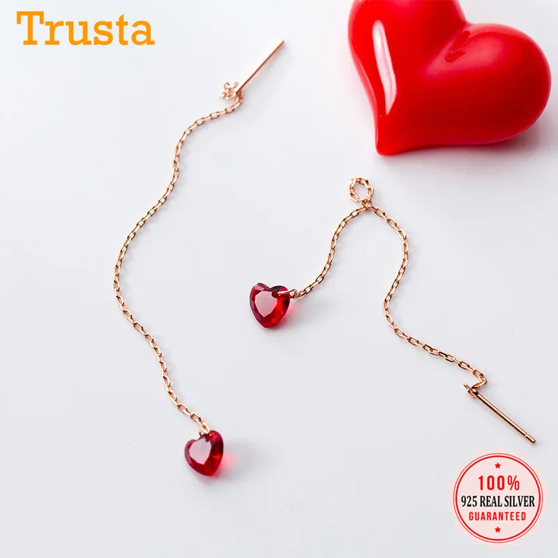 Trustdavis 925 Sterling Silver Romantic Rose Gold Color Long Chain Tassel Red Heart Pendant Earrings For Women Wedding DA60 | Украшения и