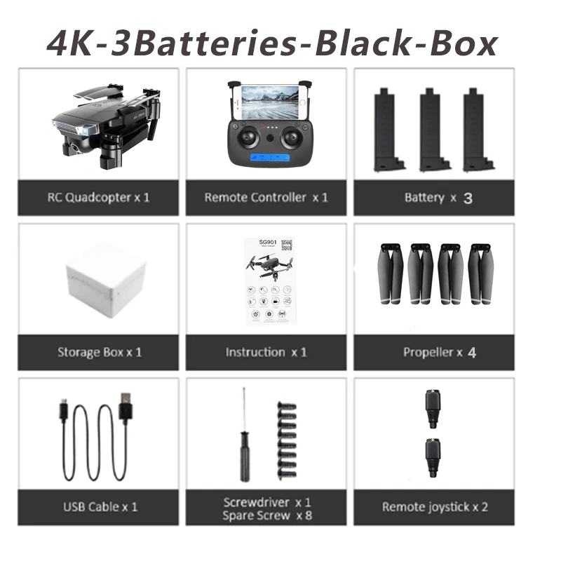 FN, новинка 1080 года, Дрон с камерой SG901, 4 K, P, HD, двойная камера, следуем за мной, Квадрокоптер, FPV, Профессиональный gps, долгий срок службы батареи, игрушка для детей - Цвет: 4K-3Batteries-Box