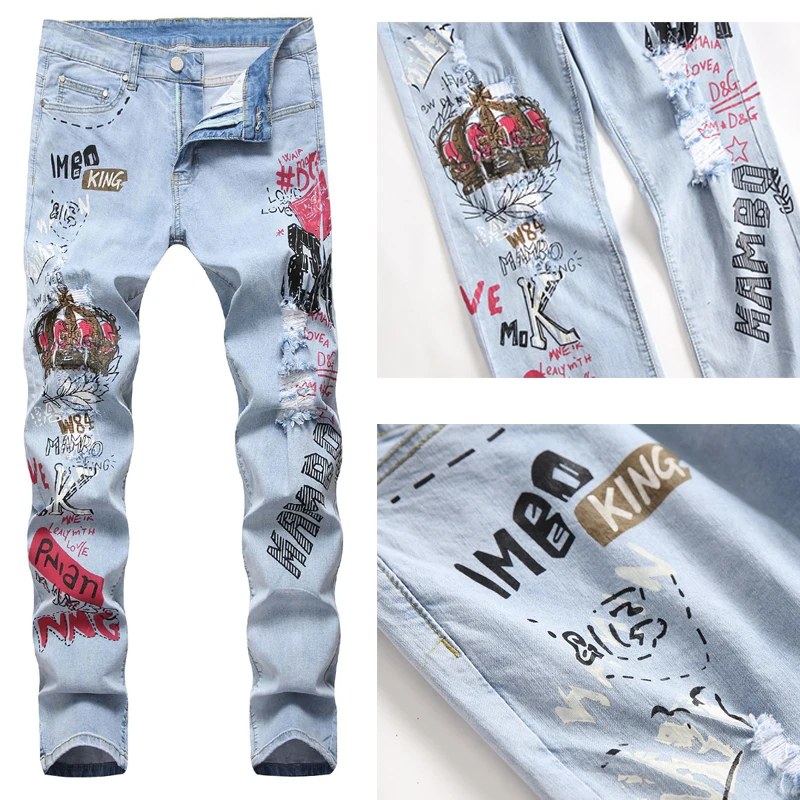 

Men's Hip-Hop Jeans High Street FashionTrend Men's Light Hole Embroidery High-end 3D Printed KING King Elastic Jeans