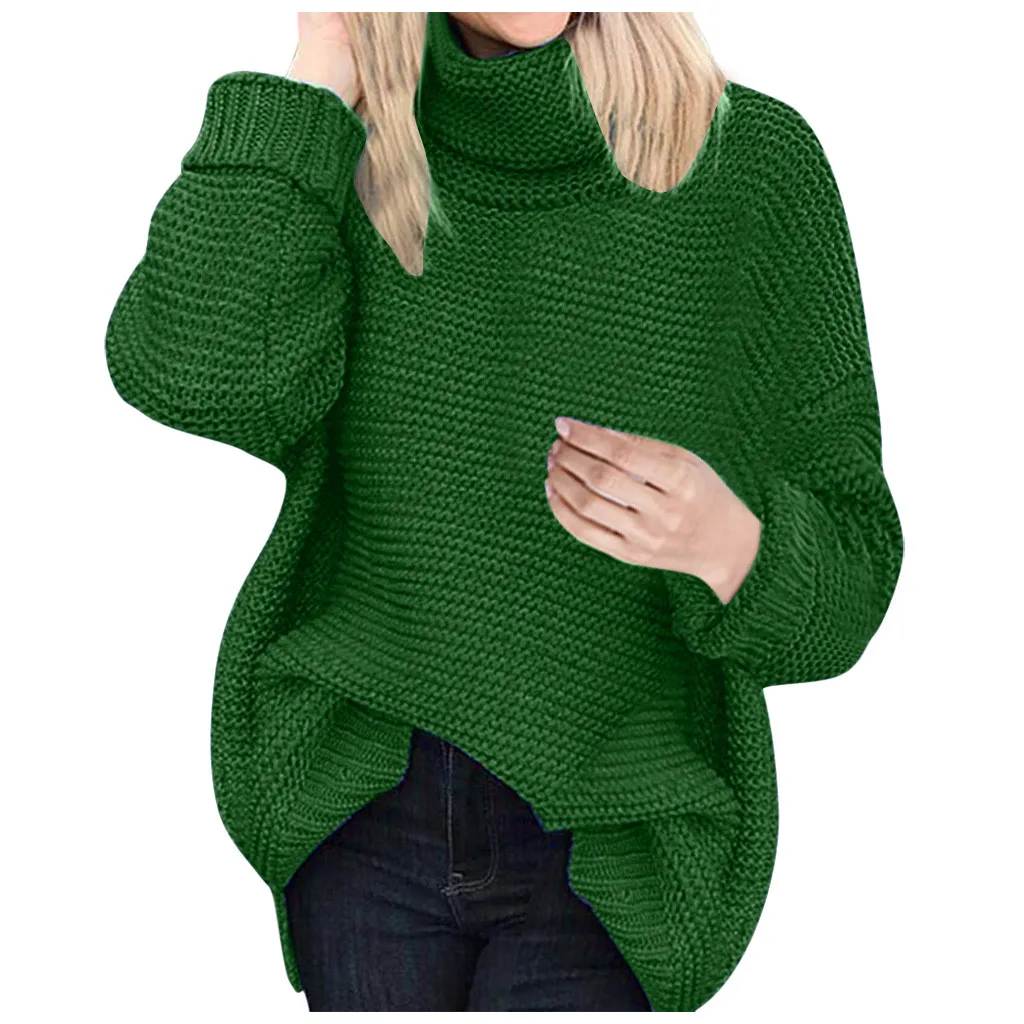 JAYCOSIN Women Oversize Basic Knitted Sweater Female Solid Turtleneck Collar Pullovers Warm Fashion OL Commuting Pure Color - Цвет: GN