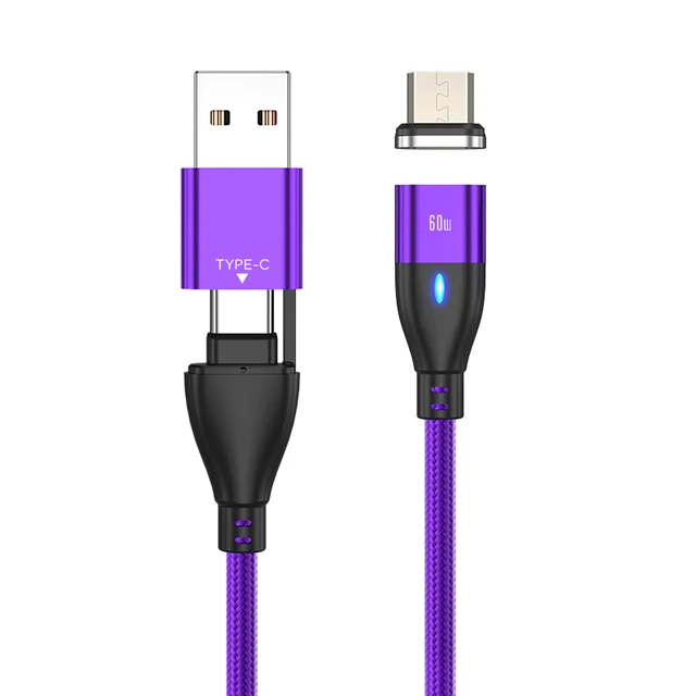 AUFU 6 in 1 60W PD Fast Charger Cable USB C To Type C Micro Magnetic Data Cables for iPhone Charging Wire for Macbook laptop for Micro Purple