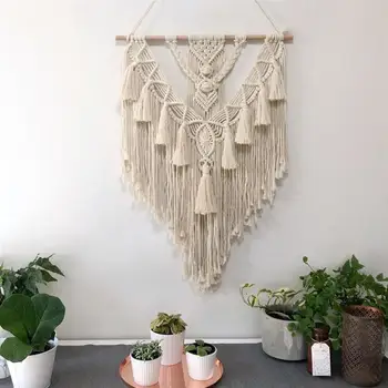 

1pc Bohemian Style Tassel Tapestry Hanging Carpet with Wooden Stick Wall Decor Exotic Household Wall Tapestry Hanging Carpet