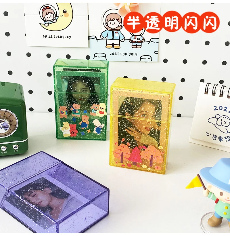SKYSONIC Transparent Glitter 3 Inch Card Holder Idol Postcards Protective Storage Box Bus Photo Cards Album Collection Supplies 3