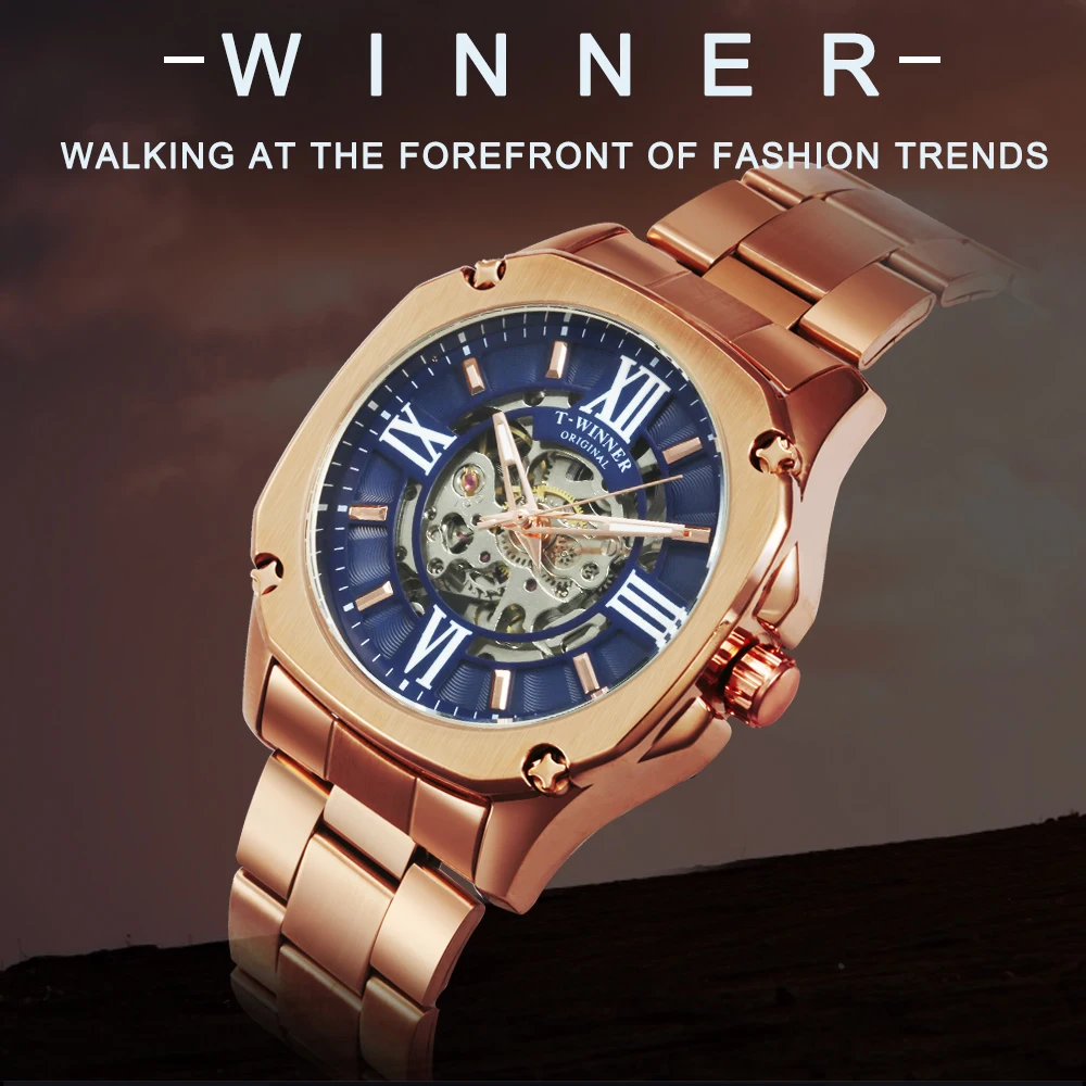 

2019 WINNER Skeleton Mechanical Mens Watches Top Brand Luxury Automatic Watch Men Rose Golden Steel Strap Square Wristwatch