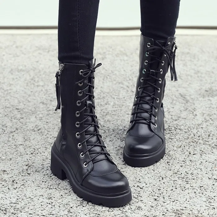 

PXELENA Punk Rock Gothic Martin Boots Women Genuine Leather Lace Up Zipper Chunky Heels Knight Combat Ankle Boots 2019 New Black