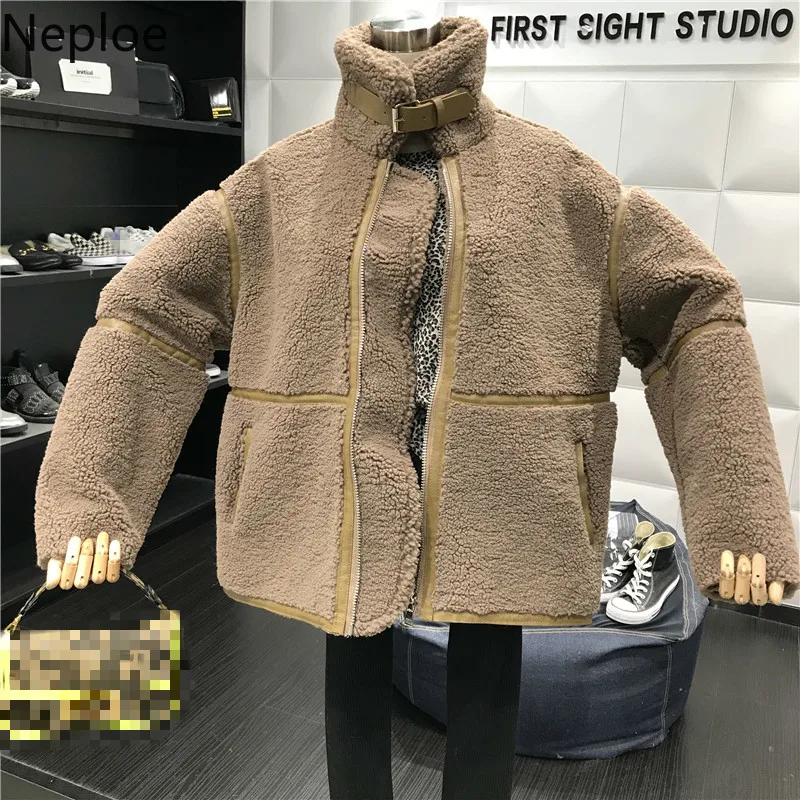 Neploe Turn Down Collar Zipper Fur-integrated Lamb Fur Warm Cardigan Coat Fashion Patchwork Loose Thicked Jacket Winter