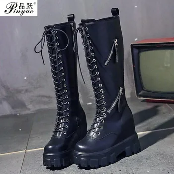 

Fashion knee high boots women's winter boots black sexy PU thick heels long boots thick with round head side zipper women's boo