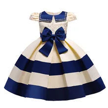 Navy ChristmasStripe Flower Dress Pearls Square Neck Princess Costume Dresses Party Kids Children Prom Gown Vestido Formal Dress
