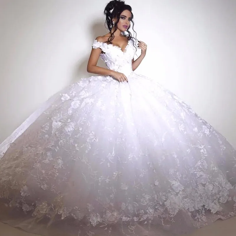 

2020 New Muslim Lace Wedding Dresses V neck Flowers Ball Gown Tulle Luxury Bridal Gowns Vestido de Noiva