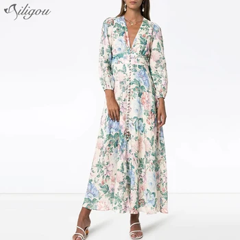 

Ailigou 2020 New Sexy V-Neck Dress Ladies Autumn Retro Floral Print Boho Style Button Holiday Long Dress Elegant Vestidos
