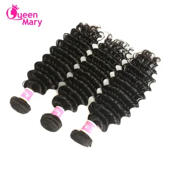 Brazilian Deep Wave Bundles With Closure Non Remy Human Hair 3 and 4 Bundles With Lace Closure Queen Mary Human Hair Extensions 5