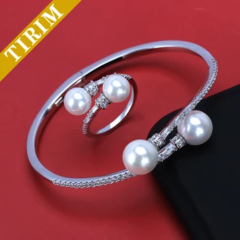

niche design exaggerated multilayer copper metal Cubic zirconia pearl opening ring bracelet retro temperament sets for women