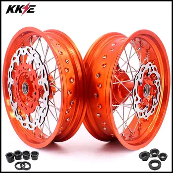 

KKE 3.5 & 5.0 17 Inch Cush Drive Supermoto Wheels Set for KTM 690 SMC 2007-2011 Orange Rim Front 320MM Disc