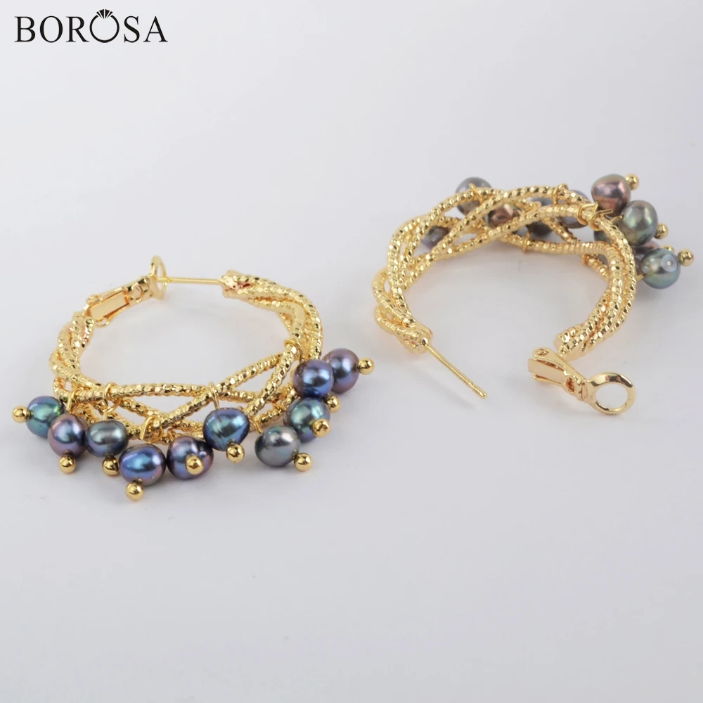 BOROSA, жемчужные бусины, серьги-кольца, Золотая проволока, серьги-капли, Черная Радуга, бусины, серьги, ювелирное изделие для женщин WX1318