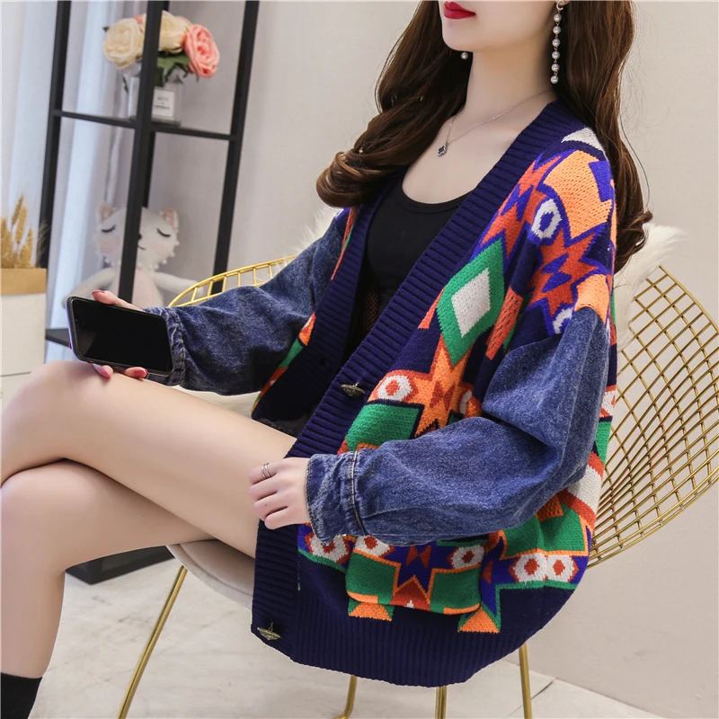 #Special Offers Women Patchwork Knitted Sweater And Cardigans Full Sleeve Korean Fashion Lady Coat 2019 Autumn New Coat