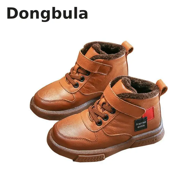 

Children's Martin boots 2019 winter new warm Korean fashion wild kids leather boots boys and girls low tube solid color students