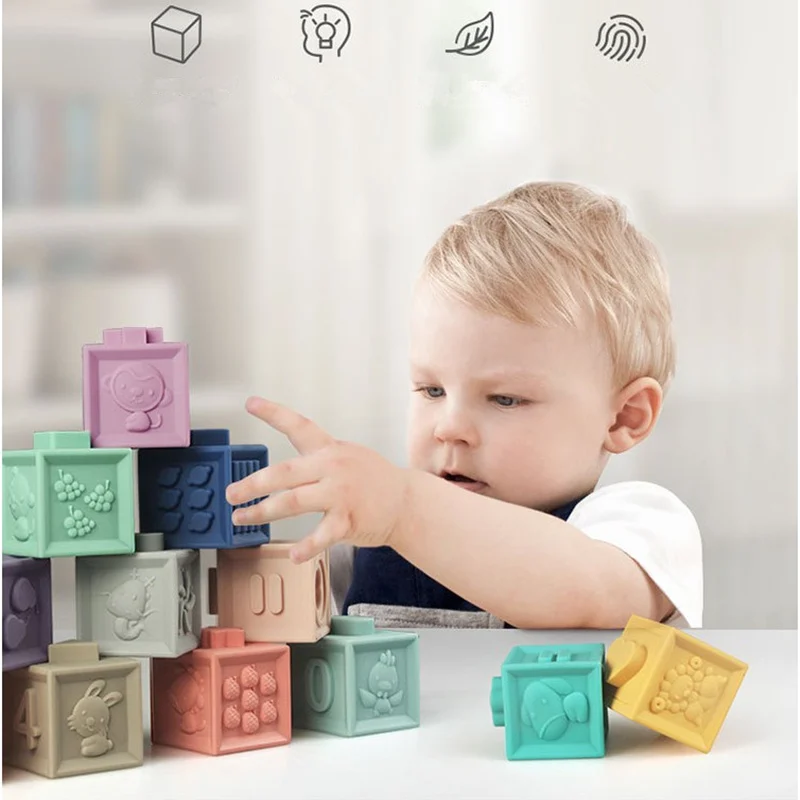 

6pc/12pc Baby Blocks Soft Silicone 3D Number Bath Toy Shape Fruit Educational Toy Baby Rattle Toys Building Blocks Naissance