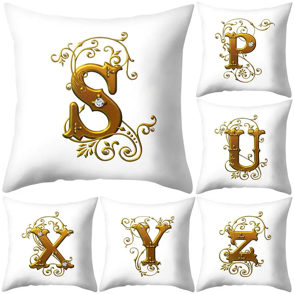 

New Arrival 26 Golden A to Z Alphabet Flower Soft Pillow Case Cushion Cover Home Sofa Decor