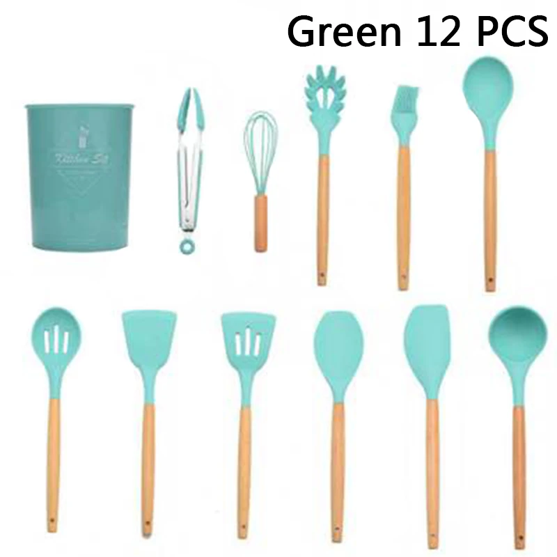 green 12pcs B 12 шт Силиконовая кухонная утварь набор антипригарная лопатка лопата с деревянной ручкой кухонная утварь с ящиком для хранения кухонные принадлежности - Цвет: green 12pcs B