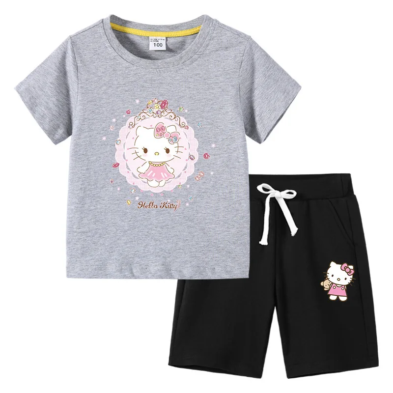 thumbnail image 1 of Hello Kitty-Camiseta de algodón con estampado de dibujos animados para niños y niñas, traje de dos piezas con pantalones de manga corta, verano, 1 of 5