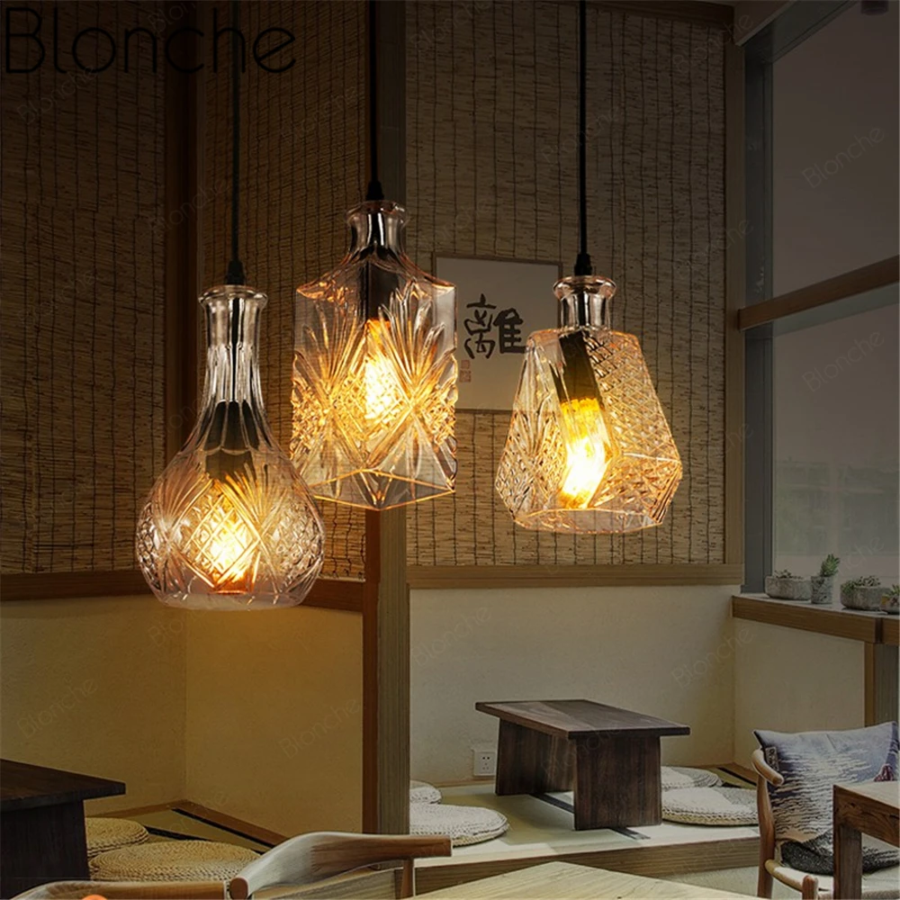 Wine Bottle Pendant Lamp Glass Hanging Light Retro E27 for Living Room Bedroom Kitchen Home Decor Lighting Industrial Fixtures