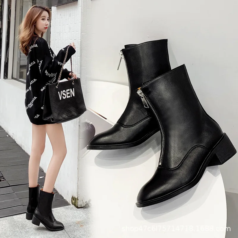 

2019 New Style Versatile Martin Boots Women's British-Style Short Boots INS Online Celebrity Autumn Front Zipper Black And White