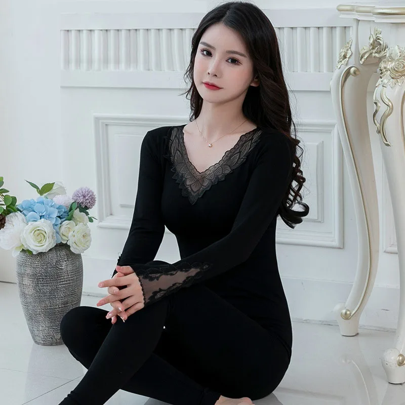 New Autumn Lace Thermal Underwear For Women Elegant V-Neck Slim Sexy Lingerie Set Female Second Skin Winter Clothes Pajamas