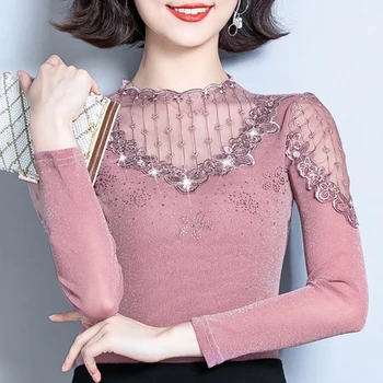 

2019 autumn winter new turtleneck long sleeve tshirt lace top Slim plus size mesh shirt elegant t shirt women tops haut femme