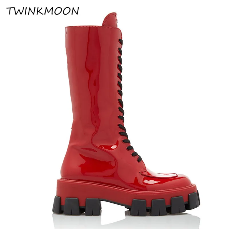 

Patent Leather Punk Boots Rubber Sole Platform Women's Boots Black Red Round Toe Lace Up Zip Non-slip Boot botines mujer 2019