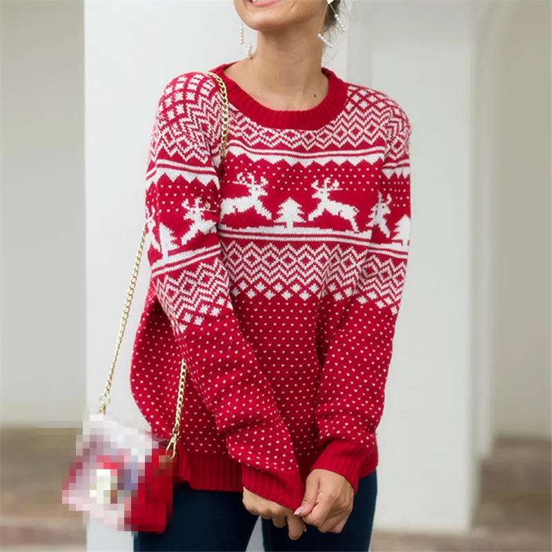

Christmas Women Sweater 2020 Elk Print Pullover Sweaters Autumn Winter Tops Clothing Female Long Sleeve Knit Casual High Quality