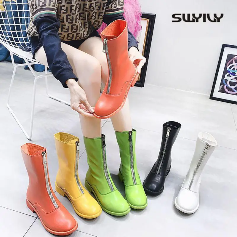 

SWYIVY Women Ankle Boots 2019 Autumn New Fashion Shoes Woman Motorcycle Boots Candy Color Front Zipper Martin Boot Black/white