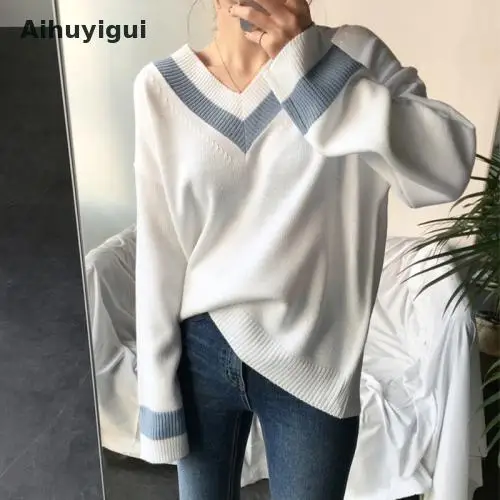 

Aihuyigui 2019 Women Korea Autumn And Winter V-neck Sweater Chic Loose Solid Color Wild White Headband Bottoming Sweater Tb126