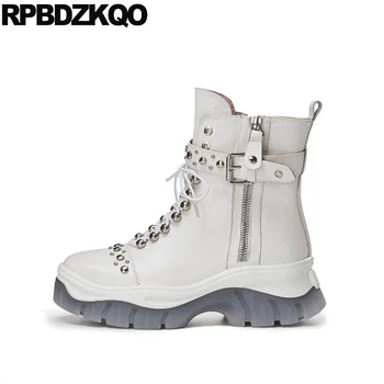 

flatform creepers muffin lace up shoes women genuine leather wedge ankle luxury white platform boots round toe high heel black