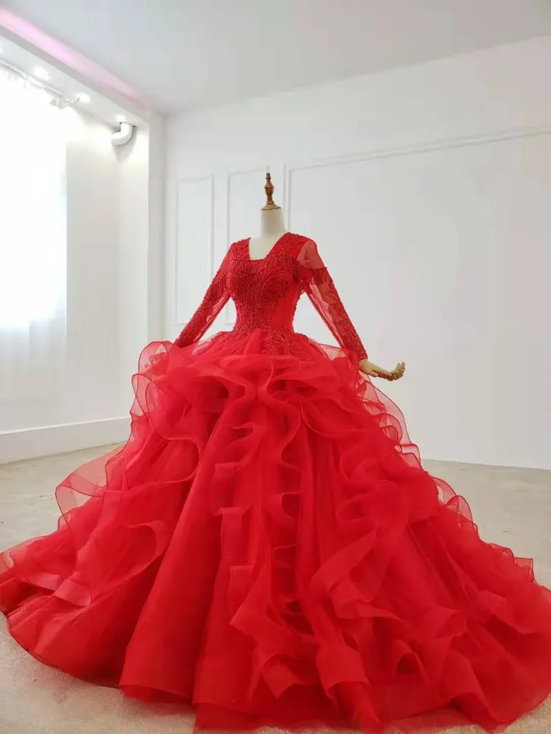 Vestidoデnoiva 高級赤ウェディングドレス恋人のレースのアップリケ 3d花ブライダルドレスチャペルの列車のウェディングドレス Dekfuew Vestidoデnoiva 高級赤ウェディングドレス恋人のレースのアップリケ 3d花ブライダルドレスチャペルの列車のウェディングドレス Dekfuew
