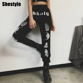 

Shestyle Gothic Printed Jogger Pants Women Black Spring Drawstring Punk Style Hip Hop Dancing Bottom Trousers Casual Pant
