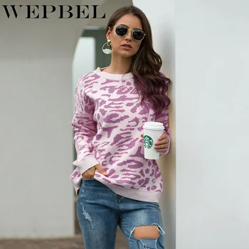 

WEPBEL Women Fall Winter O-Neck Loose Casual Fashion Long Sleeve Warm Sweater Top Camouflage Leopard Pullover Sweater