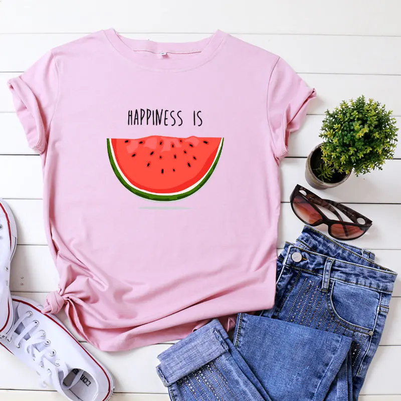 Happiness is Watermelon Printed 100% Cotton Short-sleeved Women's T-shirt Casual Soft Female T shirt Women Plus Size Femme Top