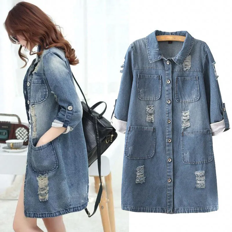 

2019 Autumn Holes Long Demin Jacket For Women Plus Size 5XL Frayed Basic Jackets New Fashion Casual Loose Jeans Outwear Female