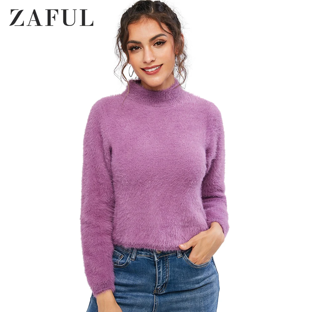 

ZAFUL New Fall Winter Women High Waist Furry Fluffy Cropped Sweater Long Sleeve Knit Tops Lady Pullover Short Soft Slim Sweaters