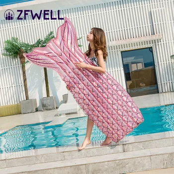 

ZFWELL PVCmaterial sequined mermaid floating row fish tail water inflatable floating bed blue and pink color optional party diy7