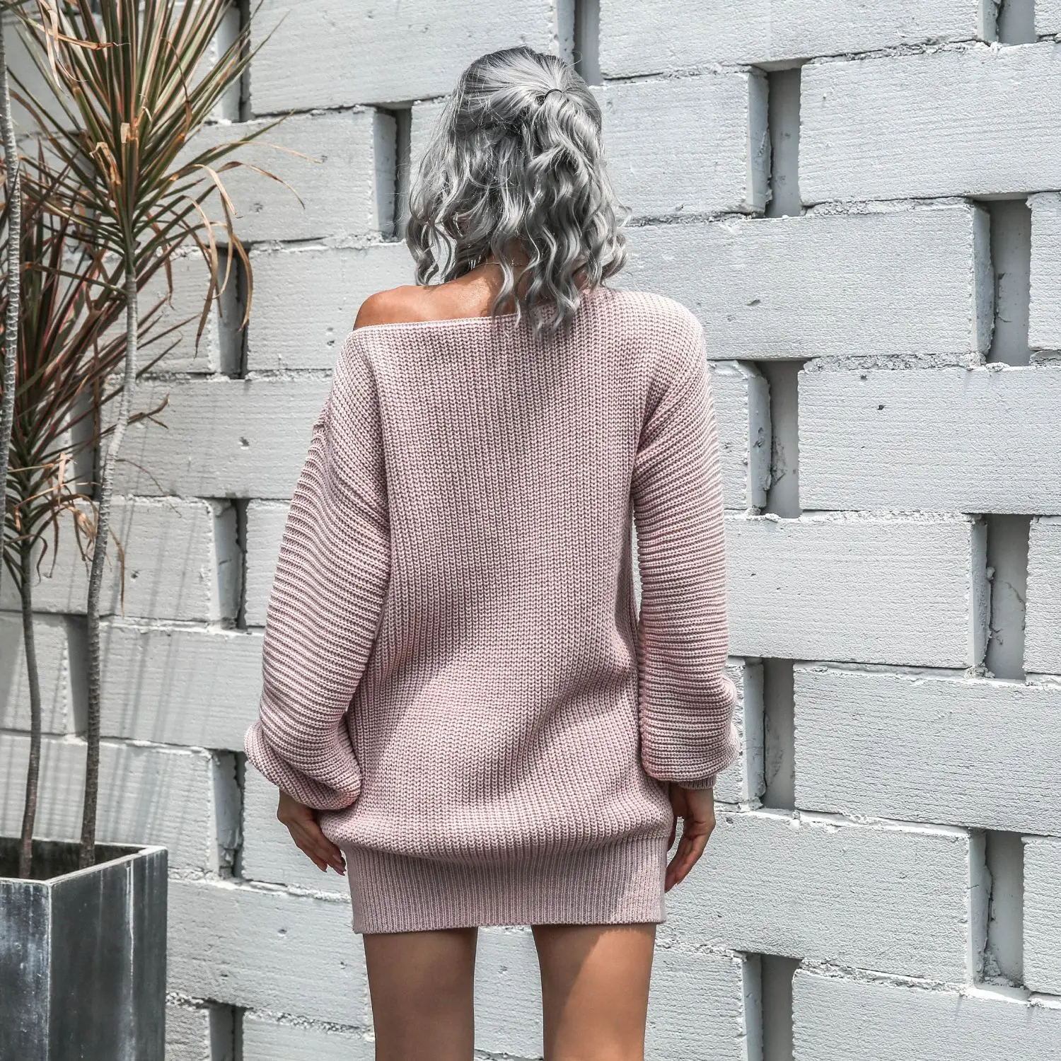 Off-the-shoulder Lantern Sleeve Knitted Sweater