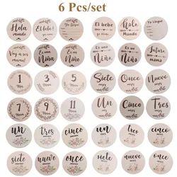 Cartes de jalon en bois avec lettres espagnoles 6 pièces, enregistrement mensuel de naissance de nouveau né, Album Photo de croissance pour enfants, accessoires souvenirs 