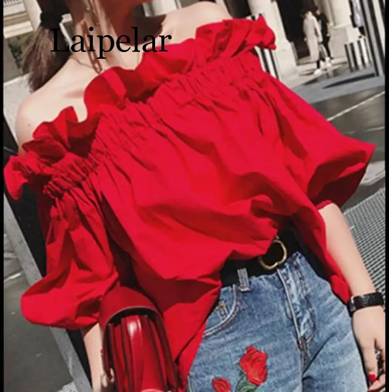 

Off Shoulder Tops Women Summer 2019 Fashion Slash Neck Blouse Red Lantern Sleeve Loose Ruffle Blouses Womens Clothing