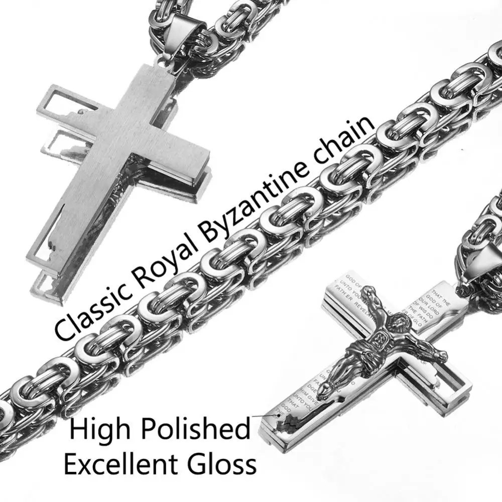 Granny Chic Silver Color Stainless Steel Jesus Crucifix Cross Pendant Necklaces with Byzantine Box Chain 6mm Wide 20-40inch